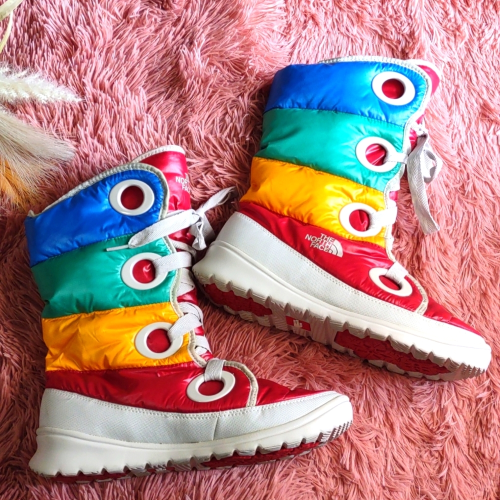 The North Face rainbow puffer boots
